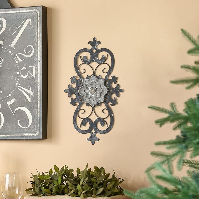 Metal Flowers Wall Art, 15.75” x 9” Metal Scroll Floral Wall Decor, Hanging Wall Sculpture with Wooden Bohemian Flower, Iron Wall Decoration for Living Room Kitchen, Outside Wall Decor for Garden