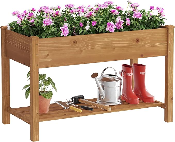 Raised Garden Bed with Legs Elevated Wooden Planter Box Stand Large Planter Stand Box for Fruits Vegetables Flowers with Divider with Bag - 48 * 24 * 30.5IN（Brown）