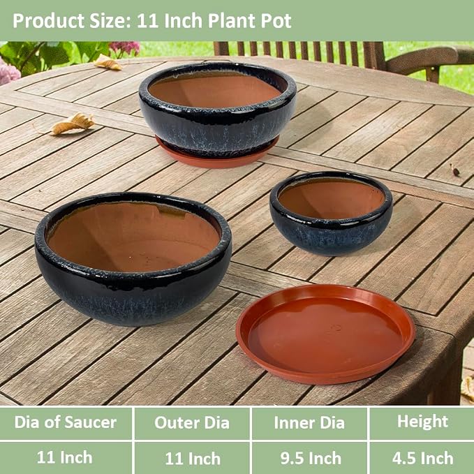 11 Inch Glazed Terracotta Plant Pot Round Ceramic Succulent Planter Pot with Drainage and Mesh Pad Cactus Clay Bonsai Pot (Blue)