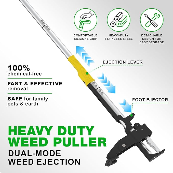 Stand Up Weed Puller Tool, 41" Heavy Duty Manual Garden Tools with Eject Mechanism Long Handle Weed Removal Tool with 4 Claw Steel Head for Yard Dandelion Crabgrass