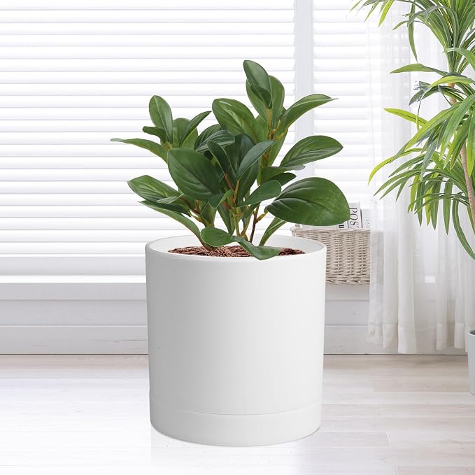 Meowell 7/6.5/6/5/4 inch Flower Pots, 5 Pack Cylinder Plant Pots for Small Indoor Outdoor Plants, Plastic Planters with Drainage Holes and Saucers for Garden Succulent Nursery House Plants, White