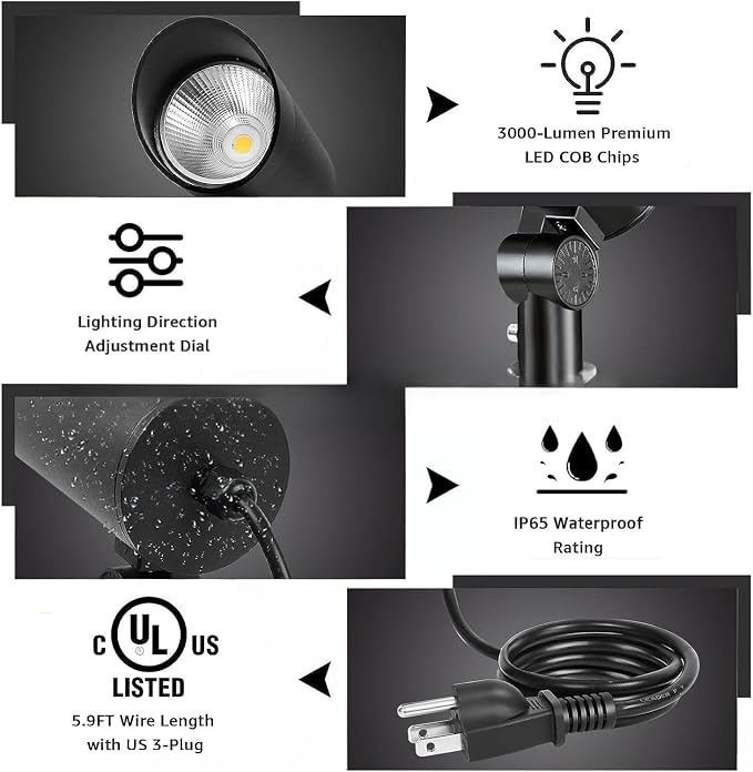 Outdoor Landscape Spotlight 30W Ultra Bright LED Spot Lights Outdoor 120V Waterproof Spot Lighting Warm White Landscape Lights with 5FT Cord with Plug for Flag Pole Tree Yard Garden