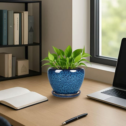 Deep Dream 6 Inch Plant Pots- Ceramic Planter Pot with Drainage Hole and Saucer, Round Flower Pot for Indoor Outdoor Succulent, Snake Plants and Cactus, Blue