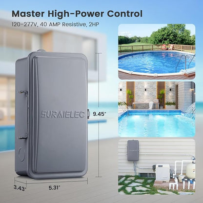 Suraielec Pool Timer, 7-Day 24-Hour Digital Pool Pump Timer, 40 AMP Heavy Duty, 120/240/277 VAC, Outdoor Metal Casing, Electric Switch Box for Swimming Pump, Hot Water Heater, Spa, Lights