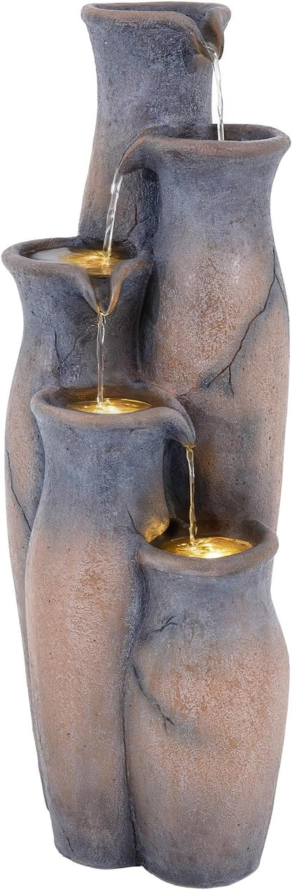 33" H Outdoor Water Fountain with Lights, 5-Tier Faux Terracotta Vase Waterfall, Rustic Cracked Stone Finish Resin Cascading Waterfall Feature with Tranquil Oasis for Garden, Patio, Yard, Porch