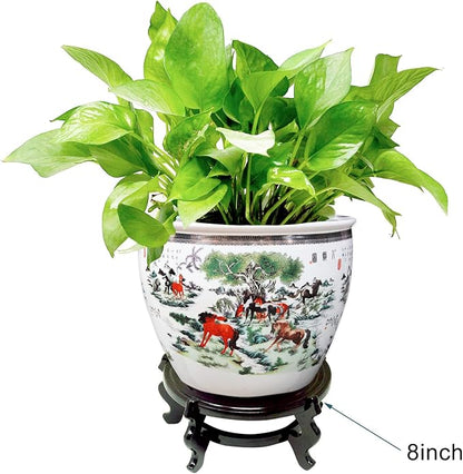 Feng Shui Chinese Wooden Fishbowl Planter Display Stand (12 Inch)