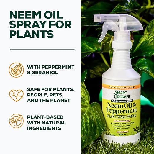 Neem Oil Spray for Plants with Peppermint Oil, Natural Plant Wash Made for Indoor and Outdoor Plants Smart Grower 32oz Easy Ready to Use Spray