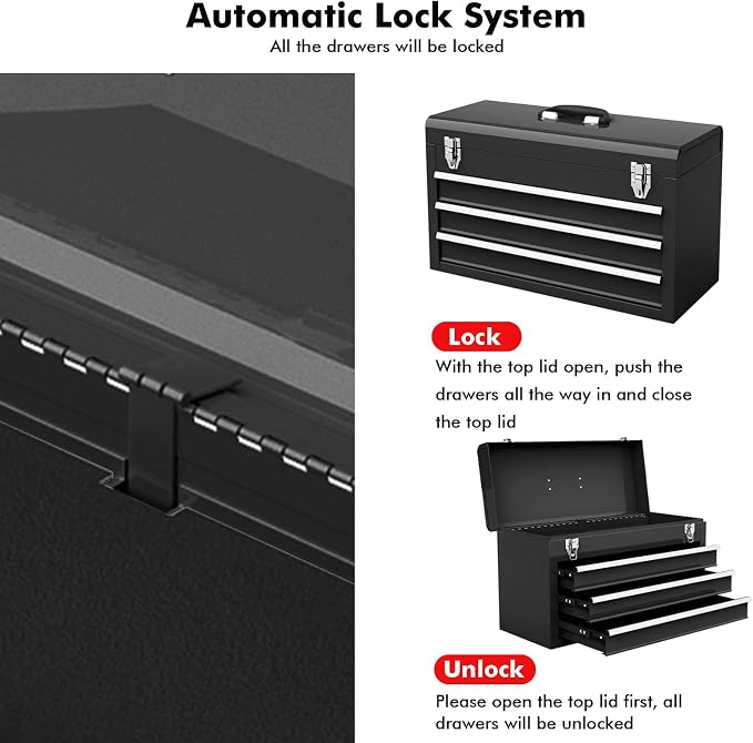 Goplus Tool Box with 3 Drawers, 4-Tier 20.5" Portable Tool Chest Organizer with Top Tool Tray, Auto Lock, Protective Liner, Handle, Steel Metal Small Toolbox for Gargae, Workshop, Home