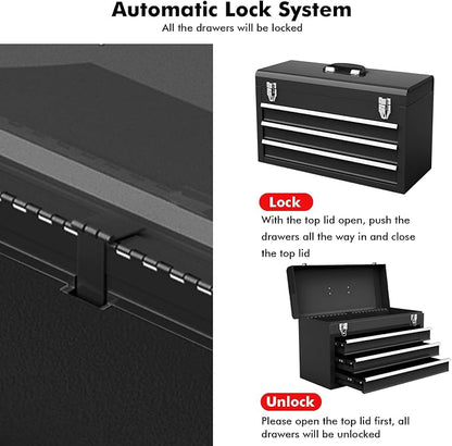 Goplus Tool Box with 3 Drawers, 4-Tier 20.5" Portable Tool Chest Organizer with Top Tool Tray, Auto Lock, Protective Liner, Handle, Steel Metal Small Toolbox for Gargae, Workshop, Home