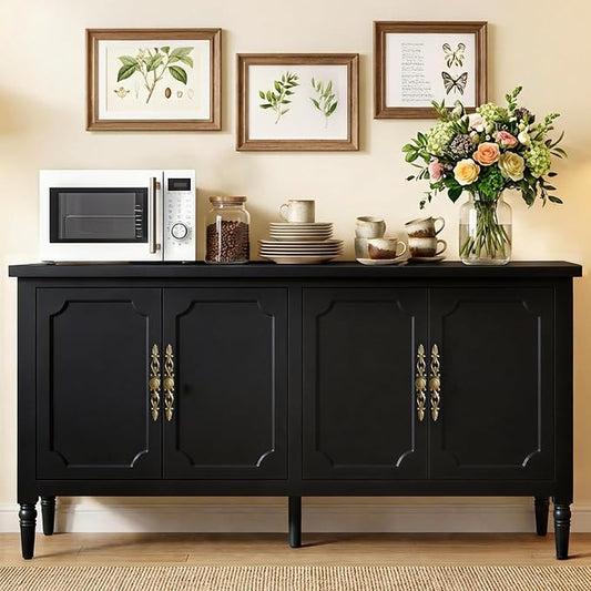 RoyalCraft Sideboard Buffet Cabinet with Storage, 59" Mid Century Modern Credenza with 4 Doors, Coffee Bar Wine Bar Storage Cabinet with Artistic Carved Handle for Living Room, Dining Room, Black