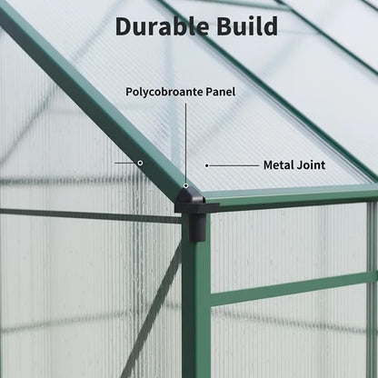 8x6 FT Greenhouse, Walk-in Polycarbonate Greenhouses with Double Sliding Doors, Aluminum Frame, Adjustable Roof Vent, Raised Base & Anchor, Outdoor Backyard Greenhouse for All Seasons, Green