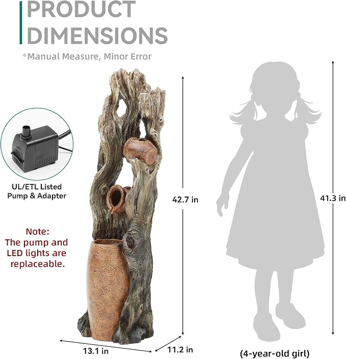 AUTODAYA 42.7" 3-Tier Outdoor Water Fountain LED Tree Trunk Jar Waterfall | Rainforest feature,terra-cotta jar accents, garden patio yard decor