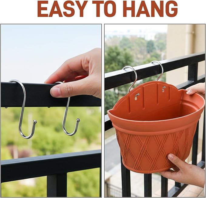 4 Pack Plastic Wall Hanging Planter, 11.4 In Plant Holder for Indoor Outdoor Plant, Large Wall Plant Pot with 8 Hooks Drainage Mesh, Railing Resin Pots for Vertical Garden Living Balcony Fence