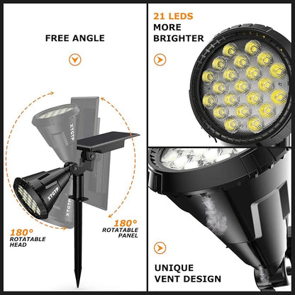 Solar Spot Lights Outdoor, 21 LEDs Solar Outdoor Lights Auto On/Off with 3 Modes, IP67 Waterproof Yard Spotlight Landscape Lighting Garden Wall Lights, 2-in-1 Solar Powered Lights, 2Pack