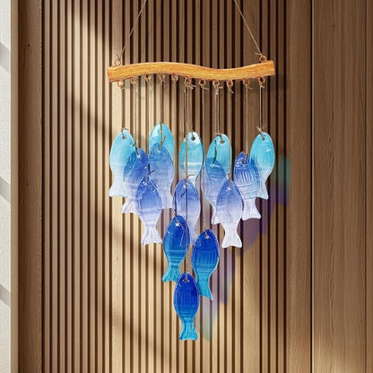 Wind Chimes Blue Glass Sea, Garden Wind Chime for Home, Beach Party, Festival Decor, Glass Garden Patio Yard Porch Decoration Indoor/Outside, Lifelike Fish Style