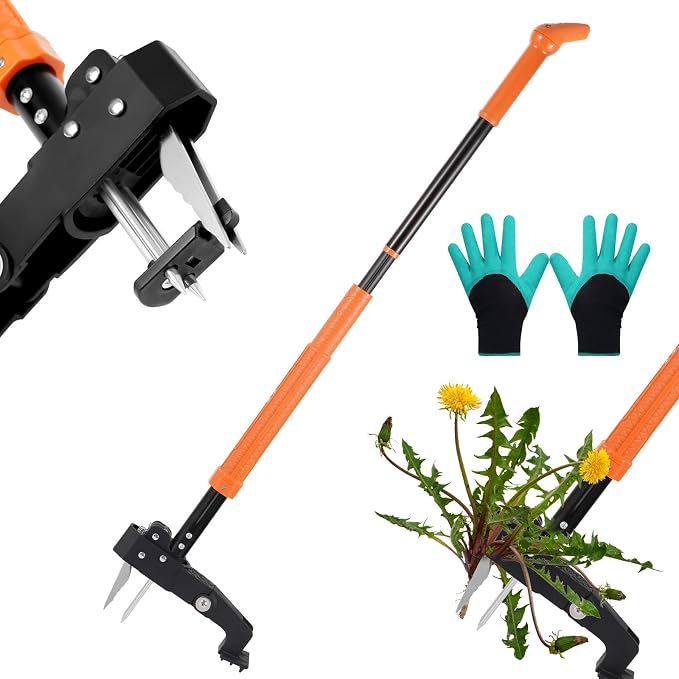 Weed Puller Tool, 39"- 47" Heavy Duty Stand Up Weed Puller Adjustable Long Handle, 4-Claw Steel Head, Easy-Eject Mechanism Weed Remover Tool for Garden Lawn, Remove Weeds Without Bending