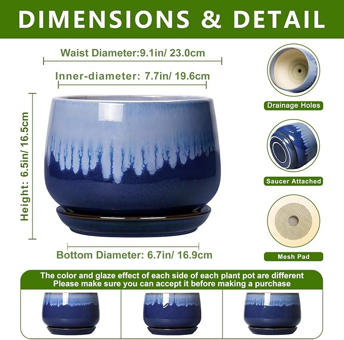 Ceramic Pots for Plants - 9 Inch Indoor Planter with Drainage Hole and Saucer, Decorative Plant Pots for Indoor Plants, Round Ceramic Flower Pot, Home Vanity Decor, Garden Gifts, Deep Blue