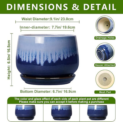 Ceramic Pots for Plants - 9 Inch Indoor Planter with Drainage Hole and Saucer, Decorative Plant Pots for Indoor Plants, Round Ceramic Flower Pot, Home Vanity Decor, Garden Gifts, Deep Blue