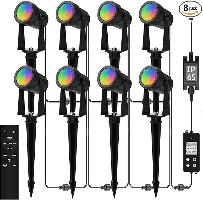 Banord RGBW Color Changing Outdoor Landscape Lighting, 8 Pack Low Voltage LED Outdoor Spotlight with Remote, IP65 Waterproof for Yard, Garden, Lawn