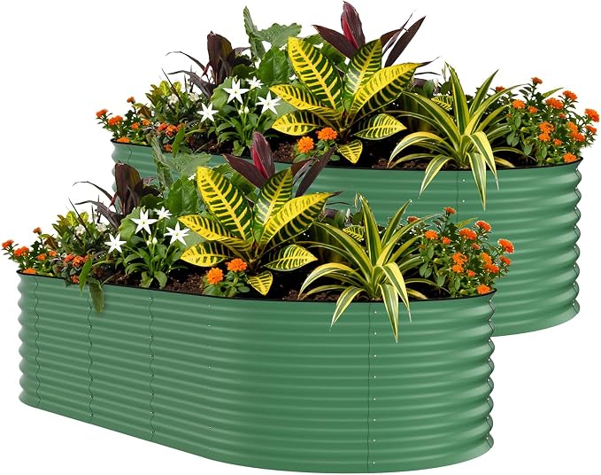 Garvee 2 Pack 8x4x1.5ft Galvanized Raised Garden Bed Kit, Oval Metal Planter Boxes with Anti-Cut Safety Edges, Rust-Resistant Deep Root Planters for Outdoor Vegetables, Flowers, Herbs, Green