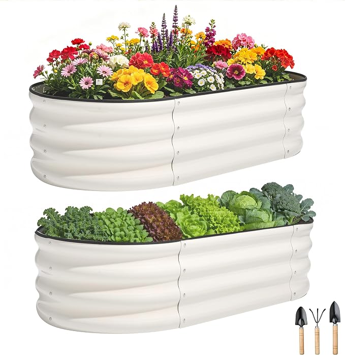 4x2x1ft(2 Pack) Galvanized Raised Garden Bed Outdoor, Oval Large Metal Planter Garden Boxes for Gardening, Planting Deep Root Vegetables, Herbs, Fruits, Flower, Rustproof, Rubber Strip, White