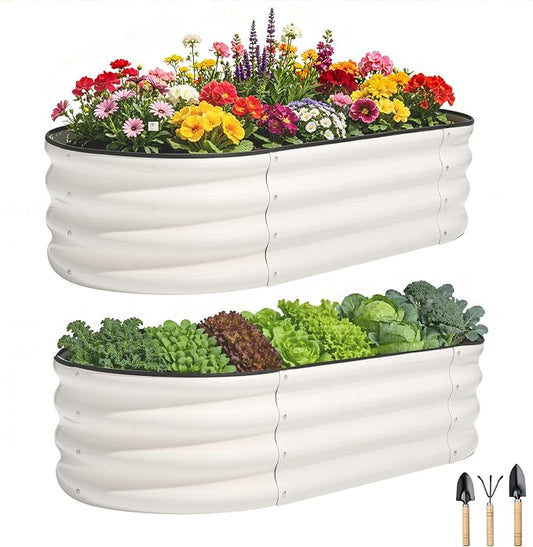 4x2x1ft(2 Pack) Galvanized Raised Garden Bed Outdoor, Oval Large Metal Planter Garden Boxes for Gardening, Planting Deep Root Vegetables, Herbs, Fruits, Flower, Rustproof, Rubber Strip, White