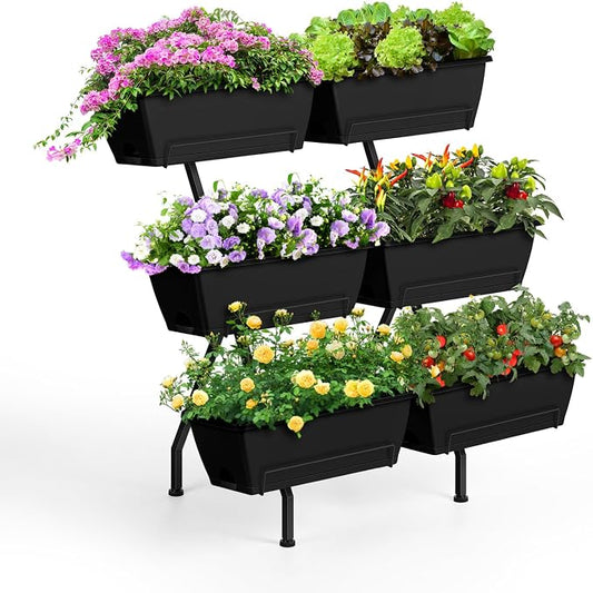 Raised Garden Beds Outdoor with 6 Garden Planter Boxes Freestanding Vertical Raised Bed for Gardening with Legs, Elevated Herb Garden Planter with Water Drainage for Patio, Balcony, Backyard, Black