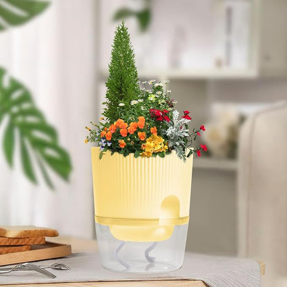 3 Pack Self Watering Planter Pots for Indoor Plants - 5.5 Inch African Violet Pots with Wick Rope - Yellow