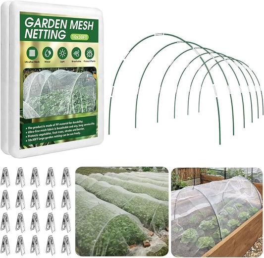 Garden Netting Kit for Raised Beds, 10x30FT Ultra Fine Mesh Netting＆ 6 Sets of 8FT Fiberglass Garden Hoops, Row Cover Insect Netting for Vegetable Plant Fruit Flowers Protection