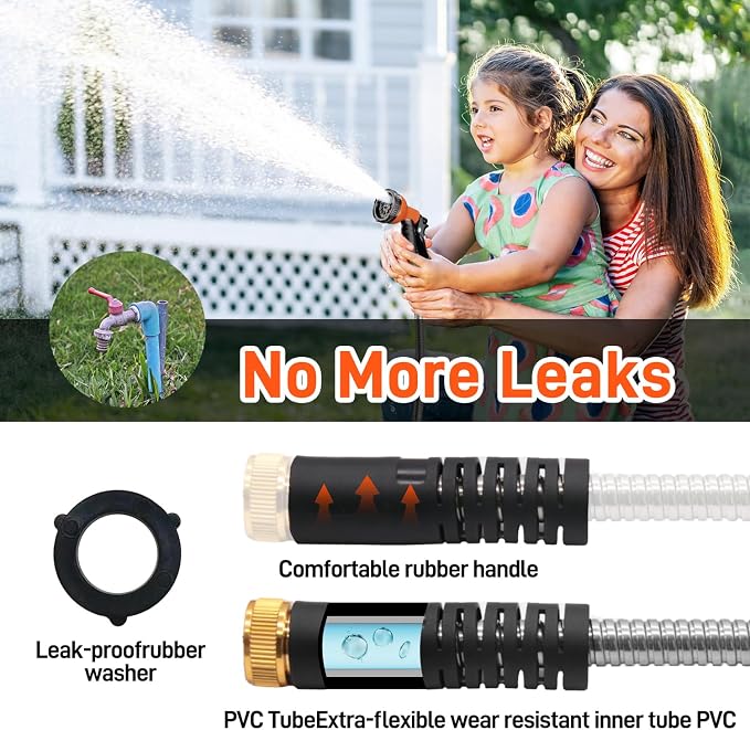 Besiter Garden Hose 100FT Stainless Steel Water Hose with 10 Functions Adjustable Spray Nozzle, Heavy-Duty Metal Garden Hose Flexible Durable No-Tangle & Kink Leak Dog Proof Hose for Yard Lawn(Orange)