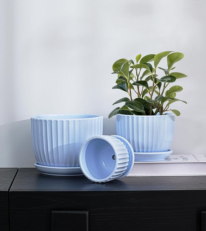 Ton Sin Sky Blue Ceramic Flower Pots, 4"+5"+6" Inch Small Succulent Planters with Drainage Hole,Modern Indoor Decorative Plant Pots Set of 3,Garden Pots with Saucer(Blue)