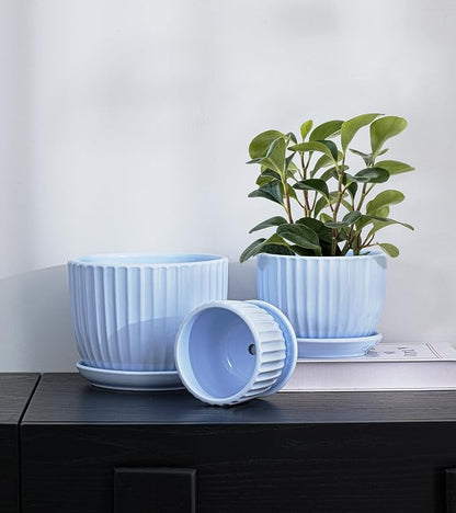 Ton Sin Sky Blue Ceramic Flower Pots, 4"+5"+6" Inch Small Succulent Planters with Drainage Hole,Modern Indoor Decorative Plant Pots Set of 3,Garden Pots with Saucer(Blue)