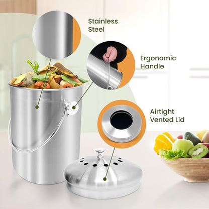 Reli. 1.3 Gallon Stainless Steel Compost Bin for Kitchen | Indoor Composting Bin with Charcoal Filters | Odorless Food Waste Countertop Bucket