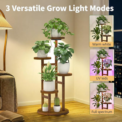 LASZOLA 4 Tiered Wood Plant Stand Indoor Corner with Grow Lights, Flower Holder Rack Tall for Multiple Plants, Rustic Planter Shelf Display for Patio Garden Balcony Living Room, Brown
