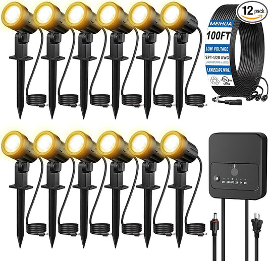 MEIHUA All-in-One Low Voltage Landscape Lighting Kit, Warm White, 12-Pack | Landscape Lights with Transformer 100FT Wire and Connectors 2700K Waterproof Landscape Spotlights for Garden Yard House Tree