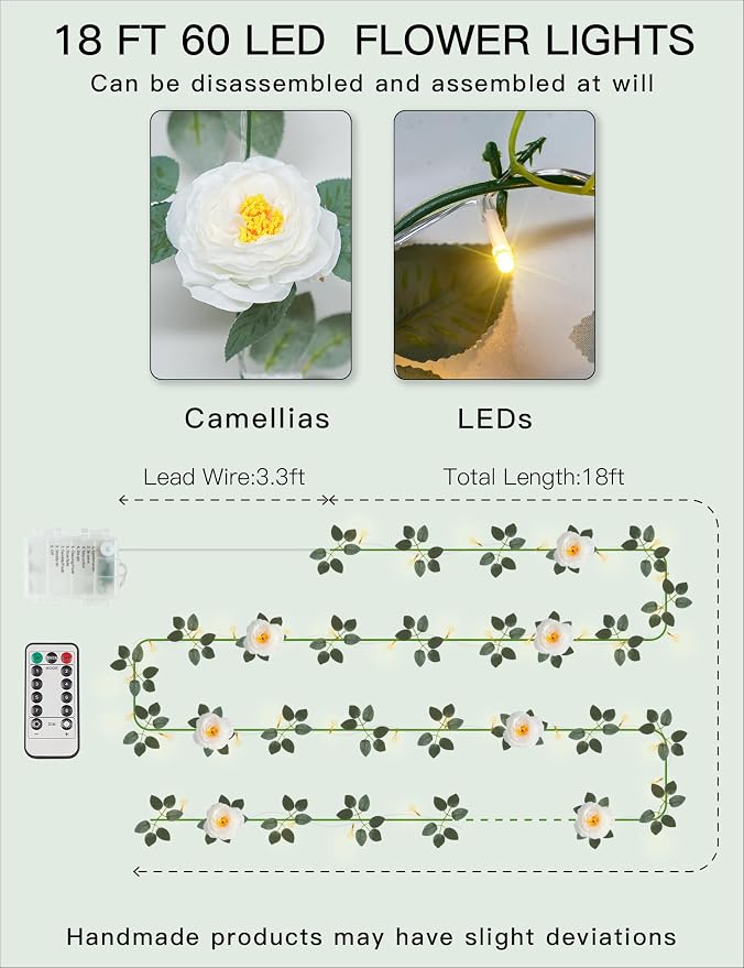 suddus Flower Garland with White Camellia Fairy Lights Indoor, 60 LED Vines String Lights Battery Operated with Remote, Artificial Fake Flowers Leaf Lights for Wedding,Bedroom,Centerpieces,Arch Decor