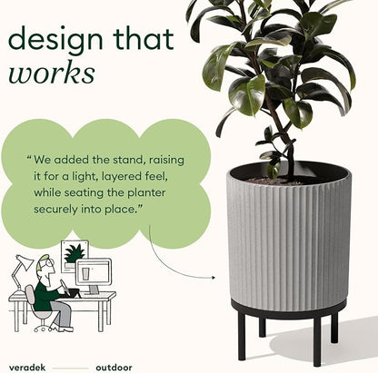 Veradek Demi Series Round Planter w/ Stand for Porch/Patio | Durable Plastic-Concrete & Wooden Stand | Modern Décor for Tall Plants, Flowers