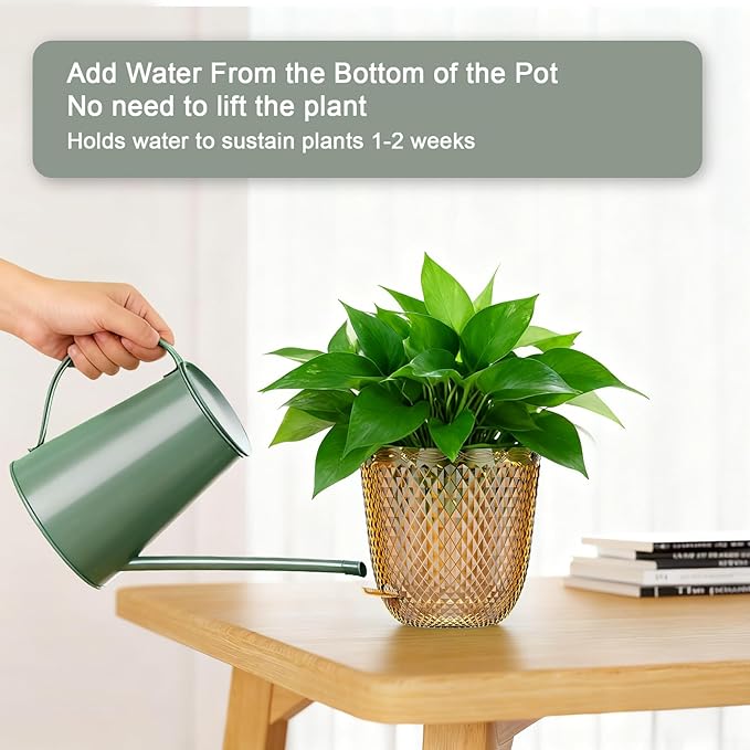 QCQHDU Hanging Planters for Indoor Plants, 2-Pack, 5.7 Inch, Gold | Plastic, Self Watering Plant Hanger, with Drainage Holes, 3 Hooks Chains, For Garden Home