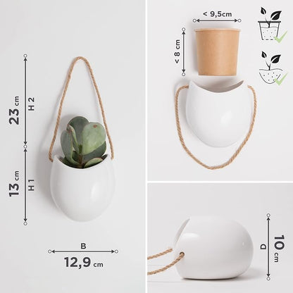 Kazai. Wall Planters -Ellie- | Hanging Ceramic Plant Pots 3 Pieces | Wall Decoration for Indoors, Balcony and Garden | White (Glossy)