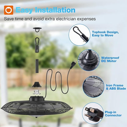 addlon Outdoor Ceiling Fan with Light for Patios, 24 inch Black Waterproof Gazebo Fan with Remote&APP Control, Reversible, Dimmable, Plug in Hook Mount Portable Fan for Garage Pergola Porch Canopy