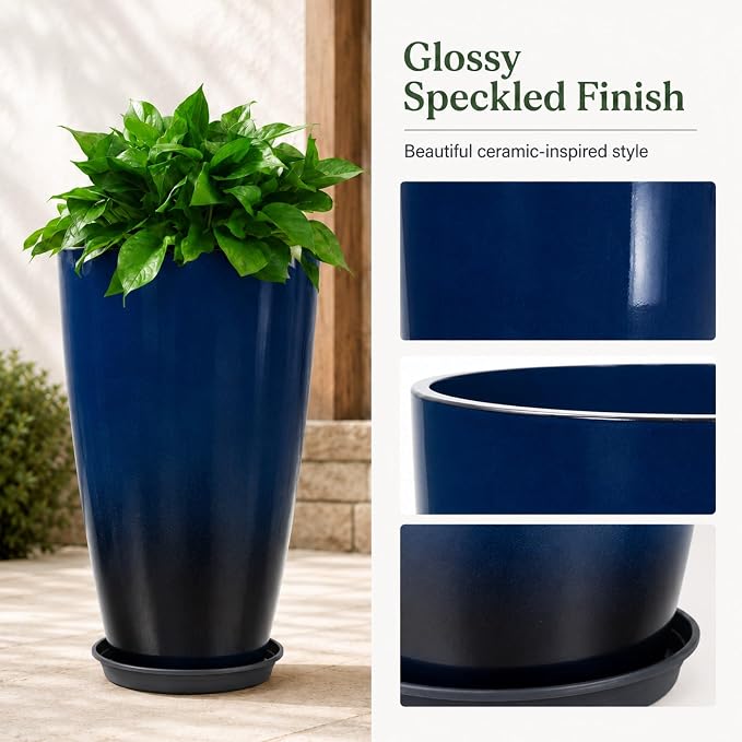 Neoaider Set of 2 Tall Planter, 21 inch Large Plastic Planter, Dark Blue | Ceramic-Look, Lightweight, Built-in Drain Hole, Saucers, Tall Outdoor Planter for Porch, Garden, Patio, Balcony