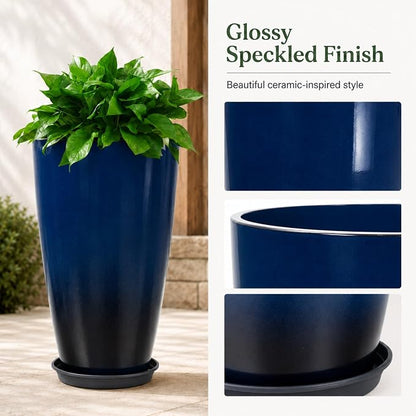 Neoaider Set of 2 Tall Planter, 21 inch Large Plastic Planter, Dark Blue | Ceramic-Look, Lightweight, Built-in Drain Hole, Saucers, Tall Outdoor Planter for Porch, Garden, Patio, Balcony