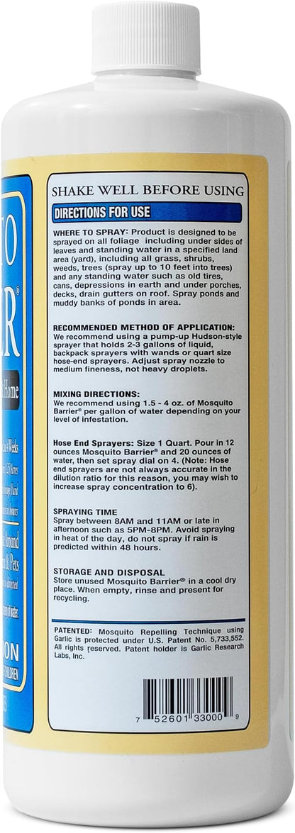 Mosquito Barrier Liquid Garlic Mosquito Repellent Concentrate, 32 fl oz – Professional Outdoor Treatment for Lawns, Landscapes & Perimeter Areas – Yard & Home Mosquito Protection