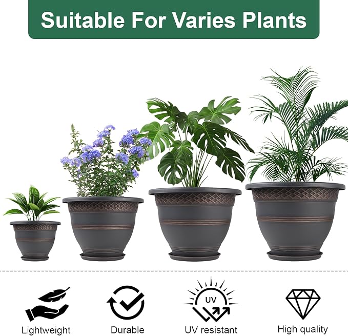 Usocik 16 Inch Plaid Plant Pots 4 Pack with Drainage and Saucers Copper | Copper plaid PP pots with drainage holes and saucers for large plants porch patio garden and entryway