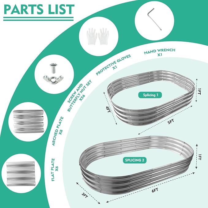 12" Tall Oval-Shaped / Elliptic Metal Raised Garden Bed Outdoor Silver | 72X36X12 Inch,1 FT Tall,0.8MM Thick Galvanized Metal Painted,for Variety of Flowers,Herbs,Vegetables.with Gloves,Tool free