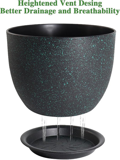 UOUZ 12inch Large Plant Pot, Modern Plastic Planter with High Driange Holes and Saucer for Indoor Outdoor Garden Plants and Flowers, Black with Green Speckles
