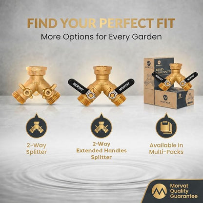 Morvat Brass 2-Way Y Splitter LEAD-FREE, Heavy-Duty Garden Hose Connector with Extra Long Butterfly Comfort Grip ON/OFF Valves, Adapter for Water Faucet & Spigot, Extra 5 Washers, Teflon Tape (1-Pack)