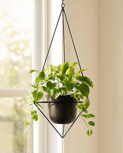 Bamworld Black Hanging Planters for Indoor Outdoor Plants Metal Hanging Pots for Plants 5 Inch Modern Hanging Basket Window Plant Hanger Ceiling Hanging Flower Pot with Chain for Wall Decor (Diamond)
