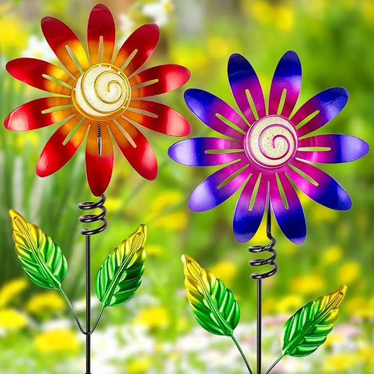 Metal Flowers Decorative Garden Stakes, 2 Pack 25'' Flower Garden Decor for Outside Spring Yard Decor, Flower Metal Yard Art for Porch Fence Landscape Patio Decor (Red & Purple)