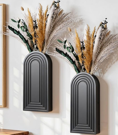 DREAMLOOM 2 Pack Wooden Wall Vases with Dried Pampas Grass and Eucalyptus Plants, Wall Hanging Planters Boho Modern Farmhouse Indoor for Narrow Spaces Entryway Bathroom Home Office Decoration, Black